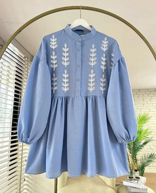 Leaf Embroidered Half Buttoned Cotton Tunic