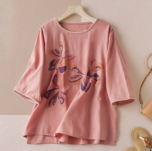 Floral Print Casual Cottton Linen Top