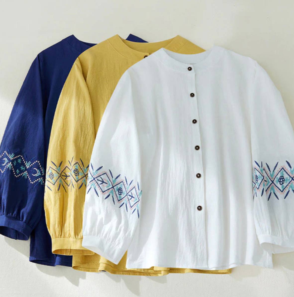 Geometry Embroidery Long Sleeve Button Cotton Linen Women's Shirts
