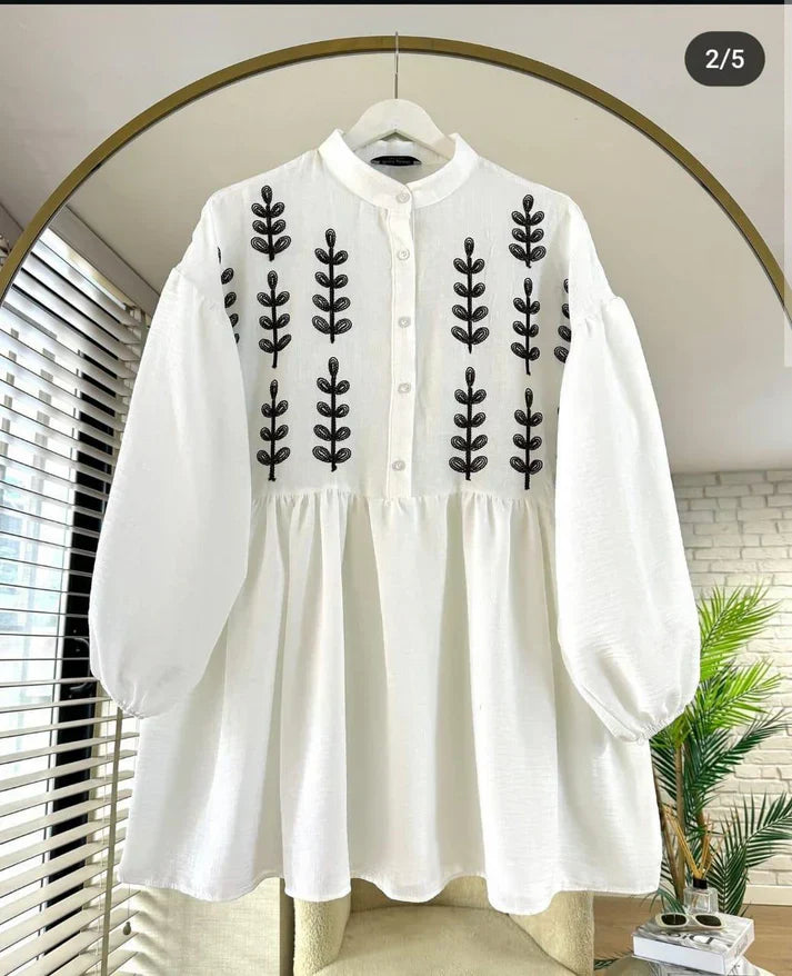 Leaf Embroidered Half Buttoned Cotton Tunic