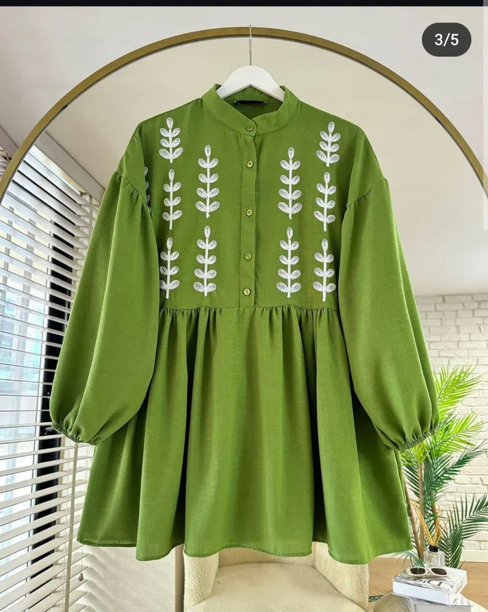 Leaf Embroidered Half Buttoned Cotton Tunic