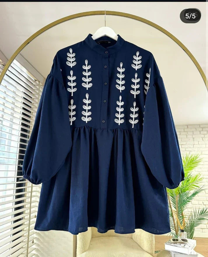 Leaf Embroidered Half Buttoned Cotton Tunic