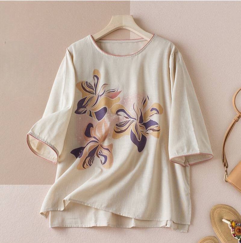 Floral Print Casual Cottton Linen Top