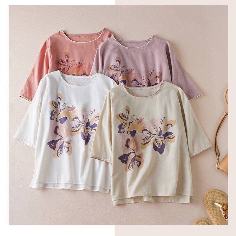 Floral Print Casual Cottton Linen Top