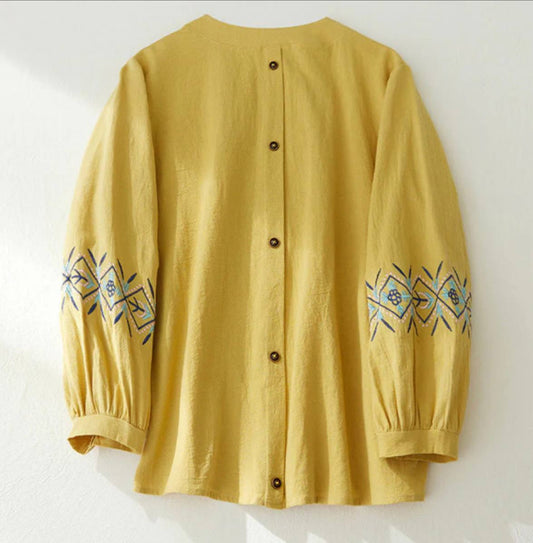 Geometry Embroidery Long Sleeve Button Cotton Linen Women's Shirts
