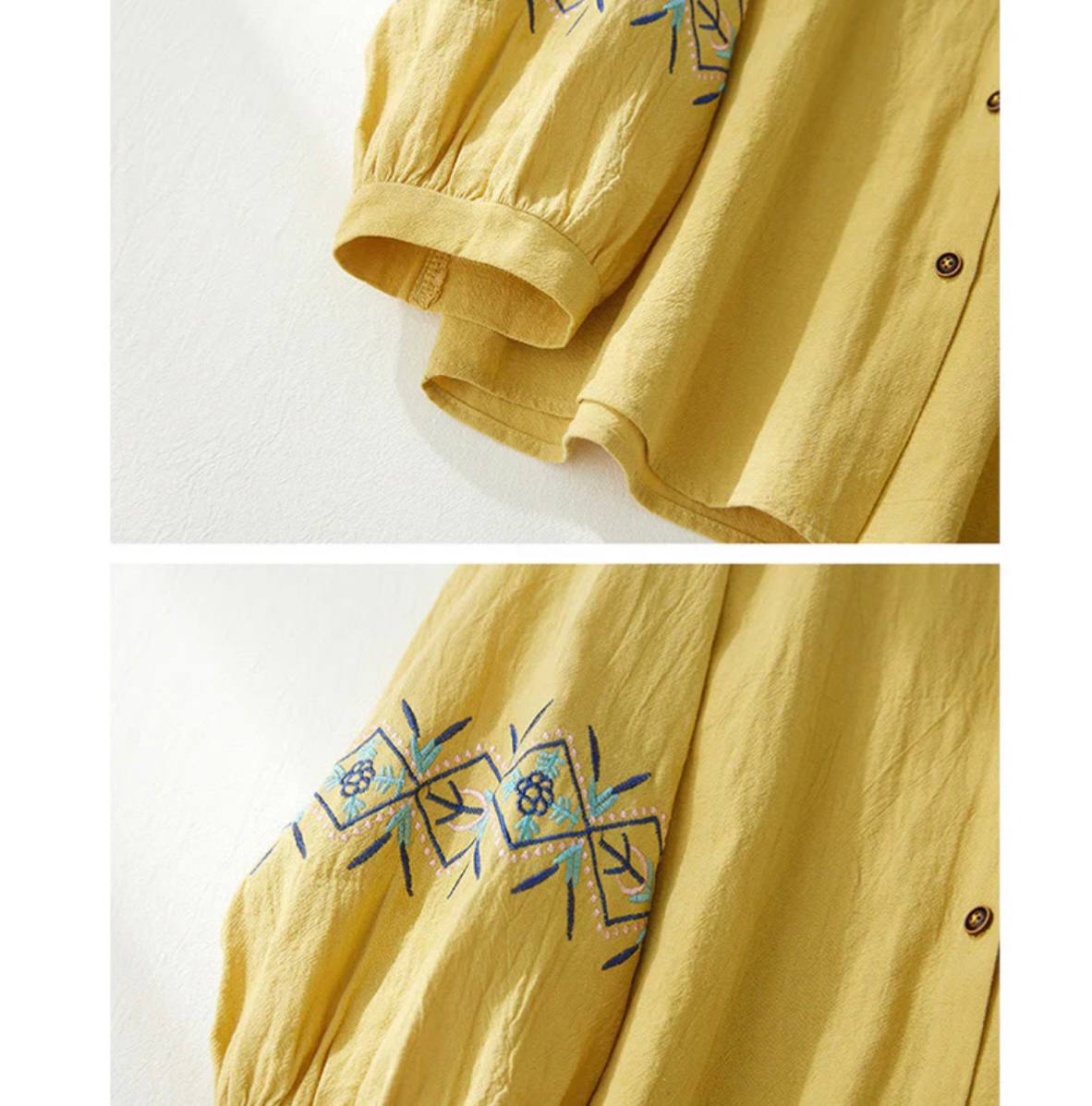 Geometry Embroidery Long Sleeve Button Cotton Linen Women's Shirts