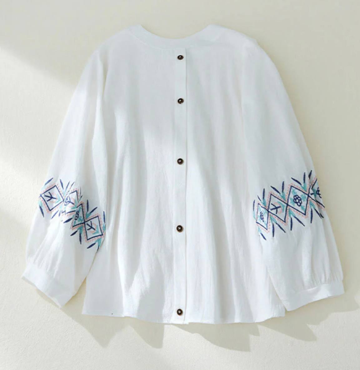 Geometry Embroidery Long Sleeve Button Cotton Linen Women's Shirts