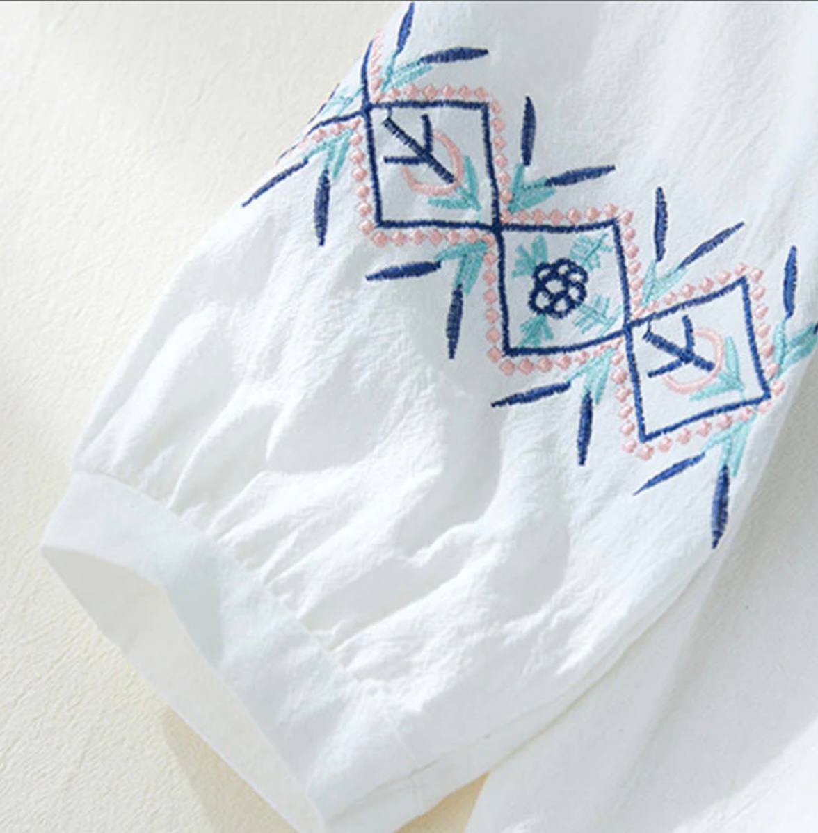 Geometry Embroidery Long Sleeve Button Cotton Linen Women's Shirts