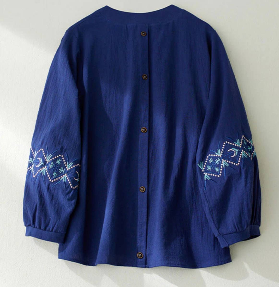 Geometry Embroidery Long Sleeve Button Cotton Linen Women's Shirts