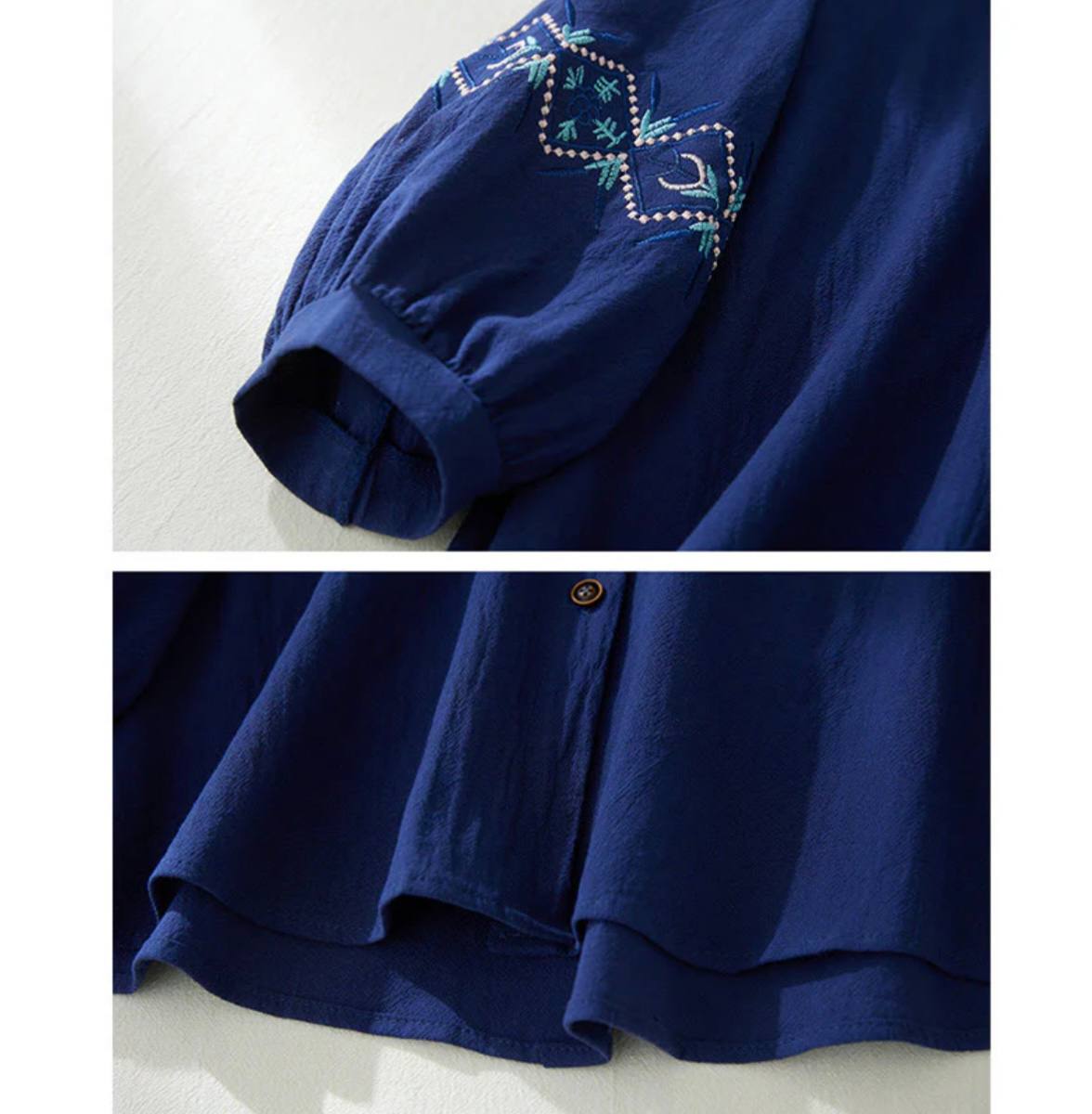 Geometry Embroidery Long Sleeve Button Cotton Linen Women's Shirts